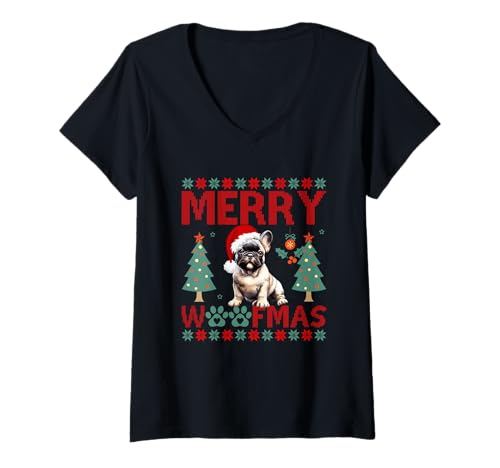 Damen Merry Woofmas Weihnachtsmütze Französische Bulldogge Hässliche Weihnachten T-Shirt mit V-Ausschnitt von French Bulldog Christmas Shirt Pet Owners Gift