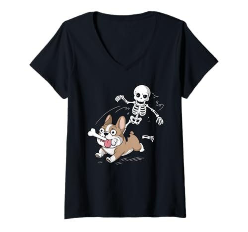 Damen Französische Bulldogge Sceleton T-Shirt mit V-Ausschnitt von French Bulldog Design