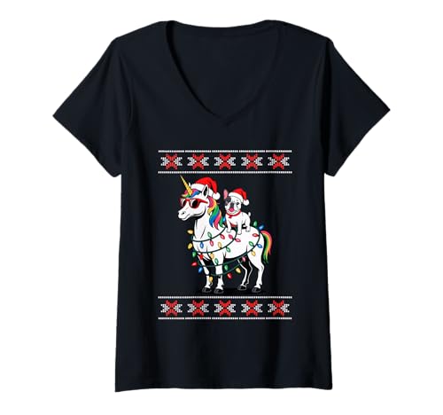 Damen Christmas French Bulldog Unicorn Sunglasses Frenchie T-Shirt mit V-Ausschnitt Damen Christmas French Bulldog Unicorn Sunglasses Frenchie T-Shirt mit V-Ausschnitt von French Bulldog Dog Gifts Frenchie
