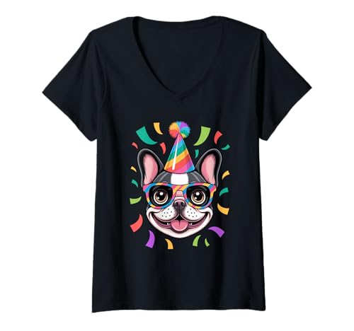 Damen French Bulldog Geburtstags Partyhut Sonnenbrille Frenchie T-Shirt mit V-Ausschnitt Damen French Bulldog Geburtstags Partyhut Sonnenbrille Frenchie T-Shirt mit V-Ausschnitt von French Bulldog Dog Gifts Frenchie