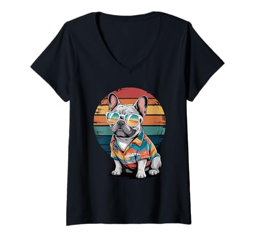 Damen French Bulldog Sonnenbrille Hawaii Strand Sommer Frenchie T-Shirt mit V-Ausschnitt Damen French Bulldog Sonnenbrille Hawaii Strand Sommer Frenchie T-Shirt mit V-Ausschnitt von French Bulldog Dog Gifts Frenchie