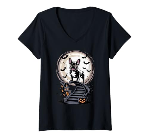Damen Halloween French Bulldog Frenchie Französische Bulldogge T-Shirt mit V-Ausschnitt Damen Halloween French Bulldog Frenchie Französische Bulldogge T-Shirt mit V-Ausschnitt von French Bulldog Dog Gifts Frenchie