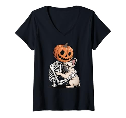 Damen Halloween Skeleton French Bulldog Frenchie T-Shirt mit V-Ausschnitt Damen Halloween Skeleton French Bulldog Frenchie T-Shirt mit V-Ausschnitt von French Bulldog Dog Gifts Frenchie