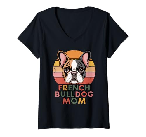 Damen Retro French Bulldog Mom Frenchie Französische Bulldogge T-Shirt mit V-Ausschnitt Damen Retro French Bulldog Mom Frenchie Französische Bulldogge T-Shirt mit V-Ausschnitt von French Bulldog Dog Gifts Frenchie