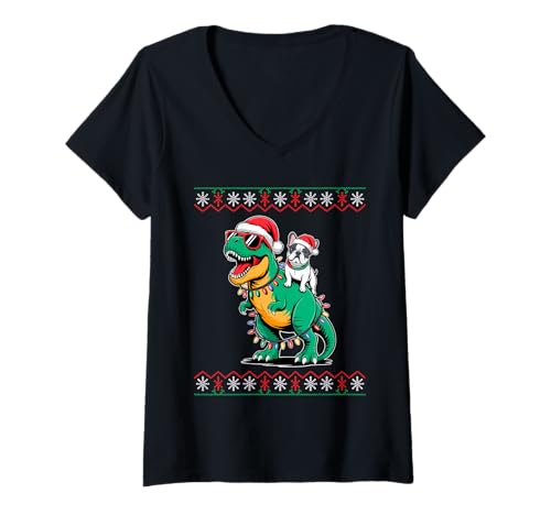 Damen Weihnachten French Bulldog T-Rex Dinosaurier Frenchie T-Shirt mit V-Ausschnitt Damen Weihnachten French Bulldog T-Rex Dinosaurier Frenchie T-Shirt mit V-Ausschnitt von French Bulldog Dog Gifts Frenchie