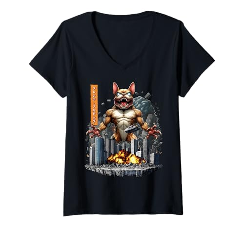 Damen Lustige Französische Bulldogge Frenchie Kaiju Monster Japanisch T-Shirt mit V-Ausschnitt Damen Lustige Französische Bulldogge Frenchie Kaiju Monster Japanisch T-Shirt mit V-Ausschnitt von French Bulldog Frenchie Kaiju Monster Clothing