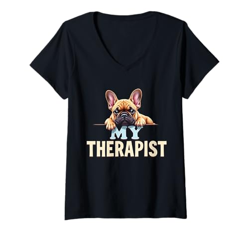 Damen Funny Frenchie Puppy My Therapist Französische Bulldogge T-Shirt mit V-Ausschnitt Damen Funny Frenchie Puppy My Therapist Französische Bulldogge T-Shirt mit V-Ausschnitt von French Bulldog Fun Designs