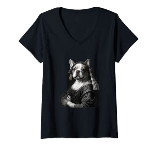 Damen Französische Bulldogge | Da Vinci Mona Lisa Lustige Hunde-Mutter-Kunst T-Shirt mit V-Ausschnitt von French Bulldog | Funny & Cute Frenchie Love Motifs