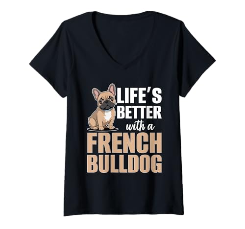 Damen Französische Bulldogge T-Shirt mit V-Ausschnitt von French Bulldog Gifts for Men and Women