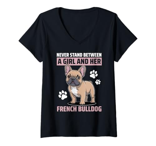 Damen Französische Bulldogge T-Shirt mit V-Ausschnitt von French Bulldog Gifts for Men and Women