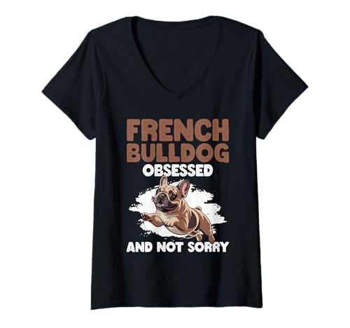 Damen Französische Bulldogge T-Shirt mit V-Ausschnitt von French Bulldog Gifts for Men and Women