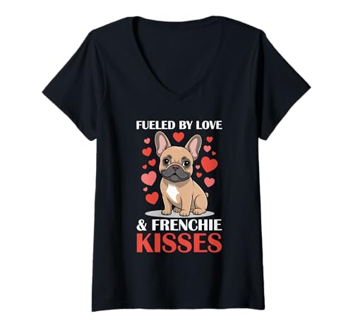 Damen Französische Bulldogge T-Shirt mit V-Ausschnitt von French Bulldog Gifts for Men and Women