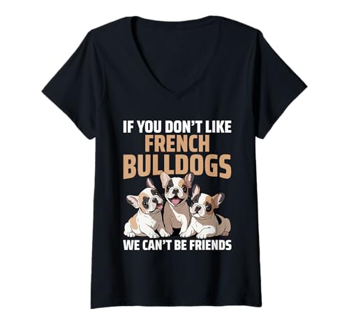 Damen Französische Bulldogge T-Shirt mit V-Ausschnitt von French Bulldog Gifts for Men and Women