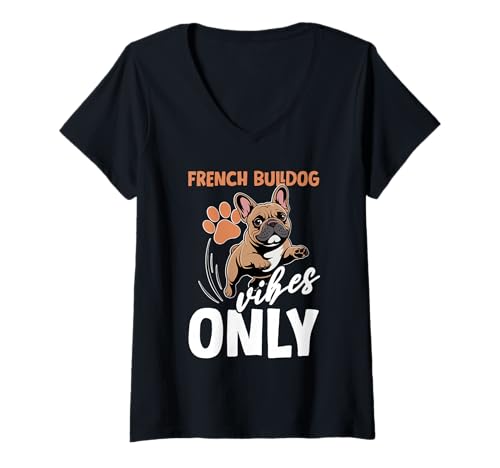 Damen Französische Bulldogge T-Shirt mit V-Ausschnitt von French Bulldog Gifts for Men and Women