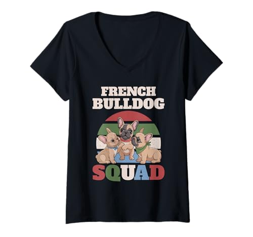 Damen Französische Bulldogge T-Shirt mit V-Ausschnitt von French Bulldog Gifts for Men and Women