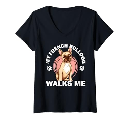 Damen Französische Bulldogge T-Shirt mit V-Ausschnitt von French Bulldog Gifts for Men and Women