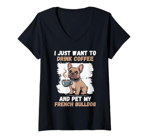 Damen Französische Bulldogge T-Shirt mit V-Ausschnitt von French Bulldog Gifts for Men and Women