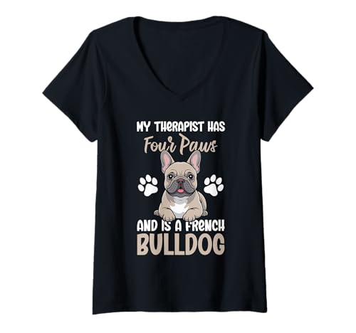 Damen Französische Bulldogge T-Shirt mit V-Ausschnitt von French Bulldog Gifts for Men and Women