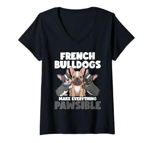 Damen Französische Bulldogge T-Shirt mit V-Ausschnitt von French Bulldog Gifts for Men and Women