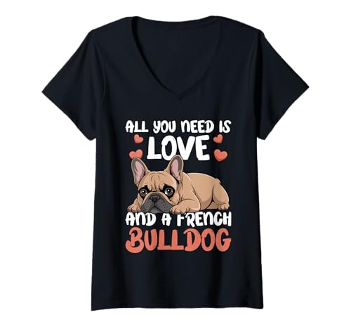 Damen Französische Bulldogge T-Shirt mit V-Ausschnitt von French Bulldog Gifts for Men and Women