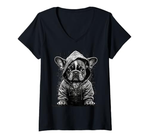 Damen Coole Französische Bulldogge T-Shirt mit V-Ausschnitt von French Bulldog Love