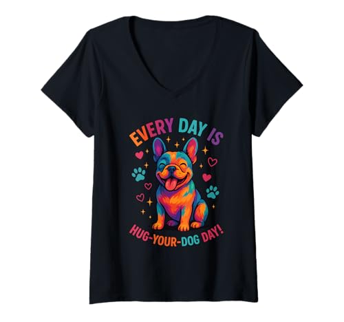 Damen Hug Your Dog Französische Bulldogge T-Shirt mit V-Ausschnitt von French Bulldog Love