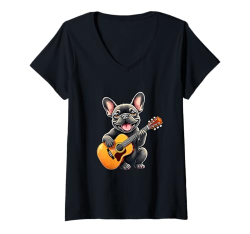 Damen Lustige französische Bulldogge spielt Gitarre Design für Musikliebhaber T-Shirt mit V-Ausschnitt Damen Lustige französische Bulldogge spielt Gitarre Design für Musikliebhaber T-Shirt mit V-Ausschnitt von French Bulldog Lovers Designs