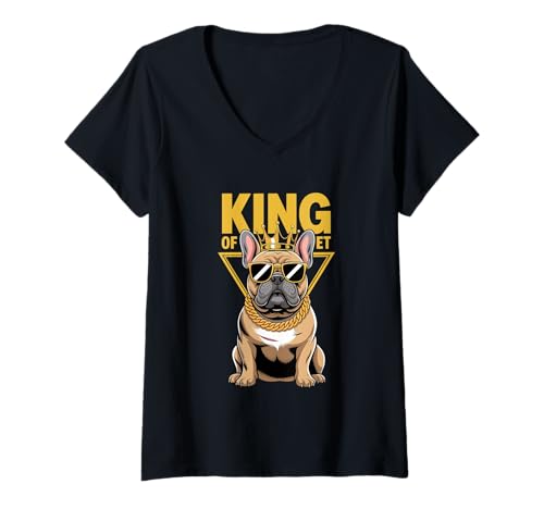 Damen King of The Street Französische Bulldogge Attitude T-Shirt mit V-Ausschnitt von French Bulldog Royal Pet King Street Charm