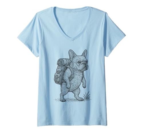 Damen Wandern Französische Bulldogge Rucksackreisen Hund Frenchie Lover T-Shirt mit V-Ausschnitt Damen Wandern Französische Bulldogge Rucksackreisen Hund Frenchie Lover T-Shirt mit V-Ausschnitt von French Bulldog Trekking Hike Merch.
