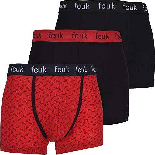 French Connection 3er-Pack FCUK Logo Print Herren Unterwäsche Boxer Trunks, Rot/Schwarz Medium, rot / schwarz, M von French Connection