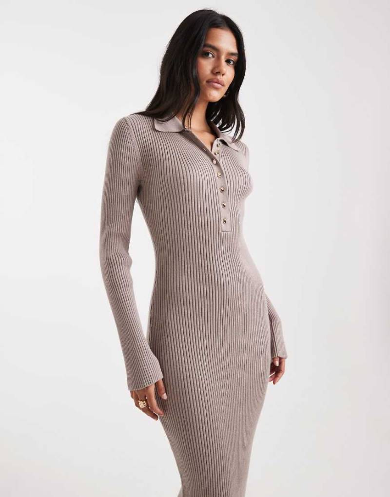 French Connection - Bodycon-Midikleid aus Rippstrick in neutralem Farbton mit Polokragen von French Connection