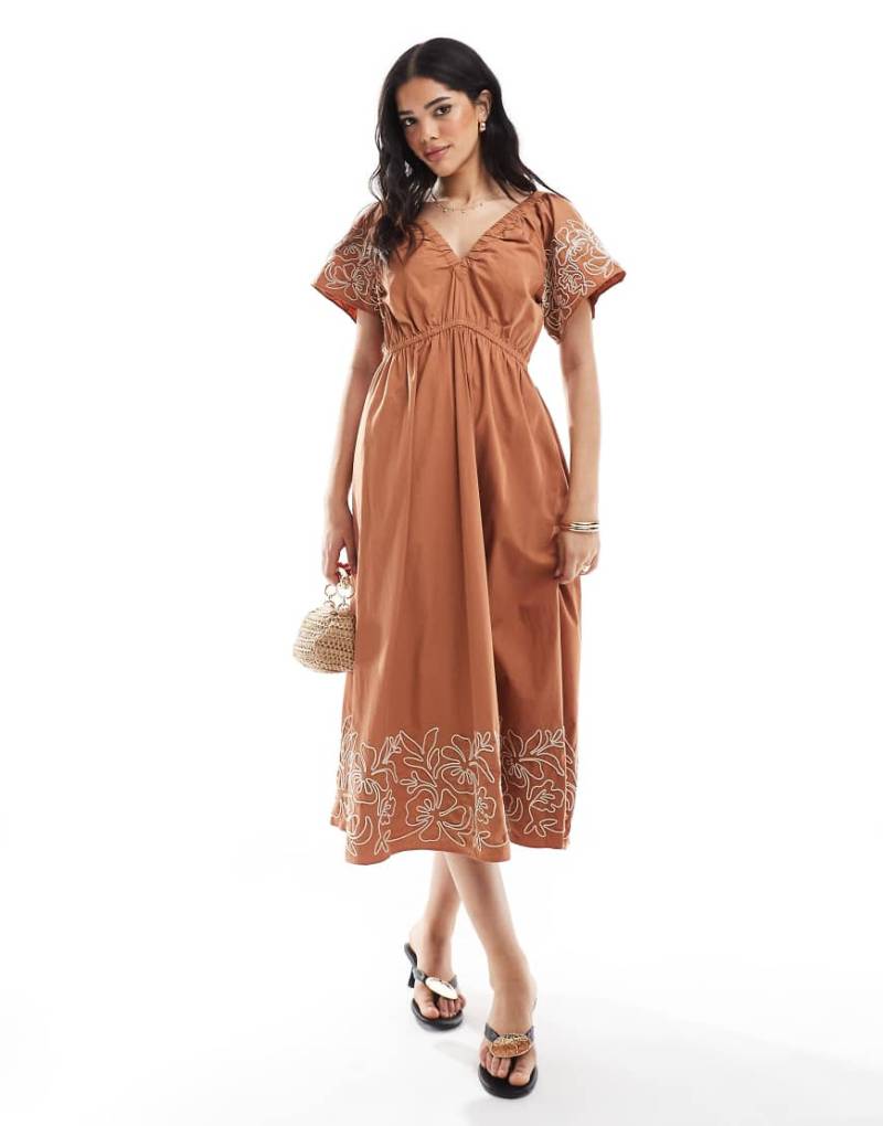 French Connection - Cambria - Besticktes Midikleid aus Baumwolle in Kaffeebraun von French Connection