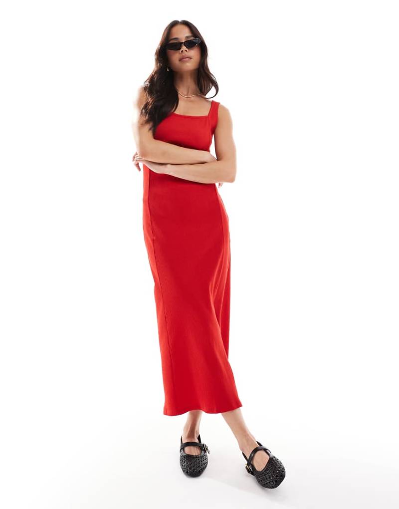 French Connection - Geripptes Midikleid in Rot mit eckigem Ausschnitt von French Connection