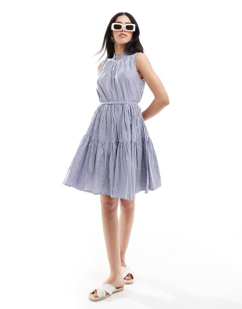 French Connection - Hochgeschlossenes, gestuftes Minikleid aus Popeline in Blau und Weiß gestreift-Bunt von French Connection
