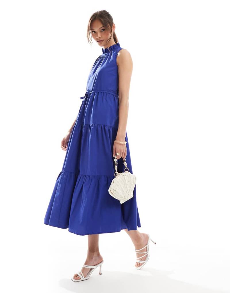 French Connection - Hochgeschlossenes, gestuftes wadenlanges Kleid aus Popeline in Blau von French Connection