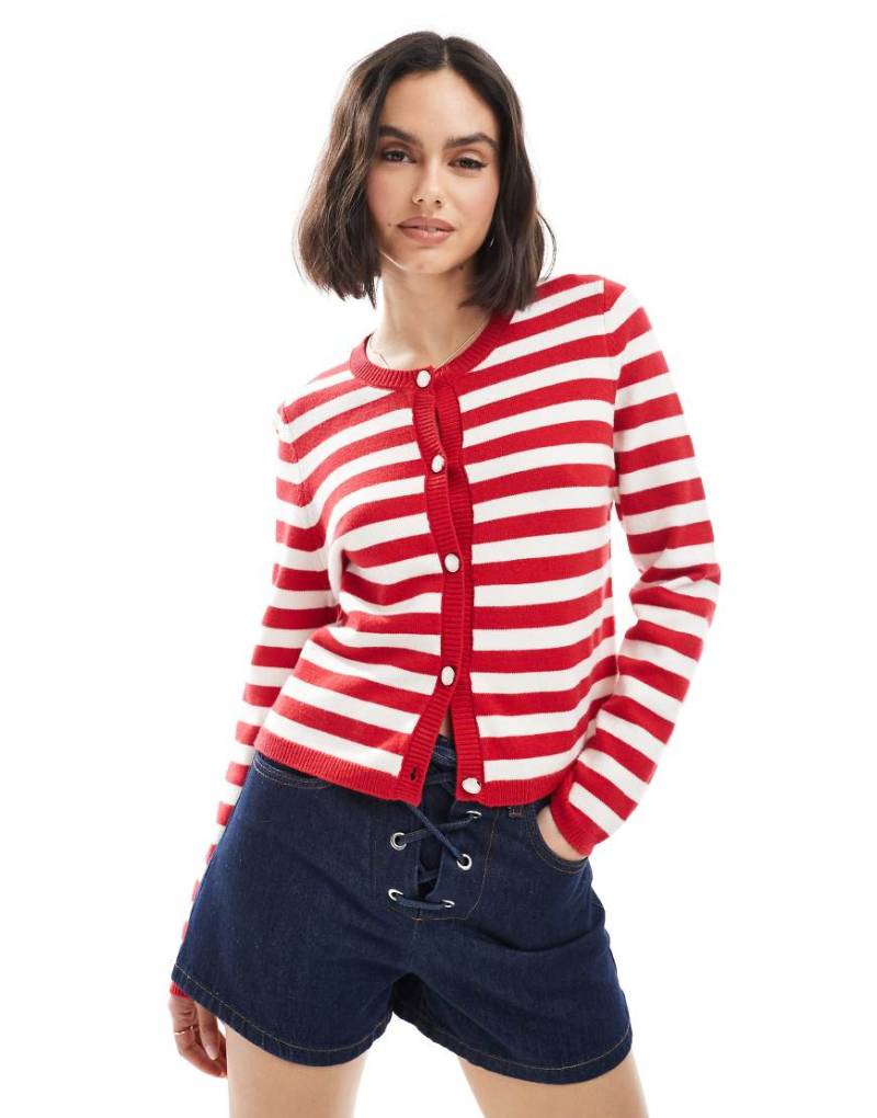 French Connection - Kastige, rot-weiß gestreifte Strickjacke mit Knopfleiste-Bunt von French Connection