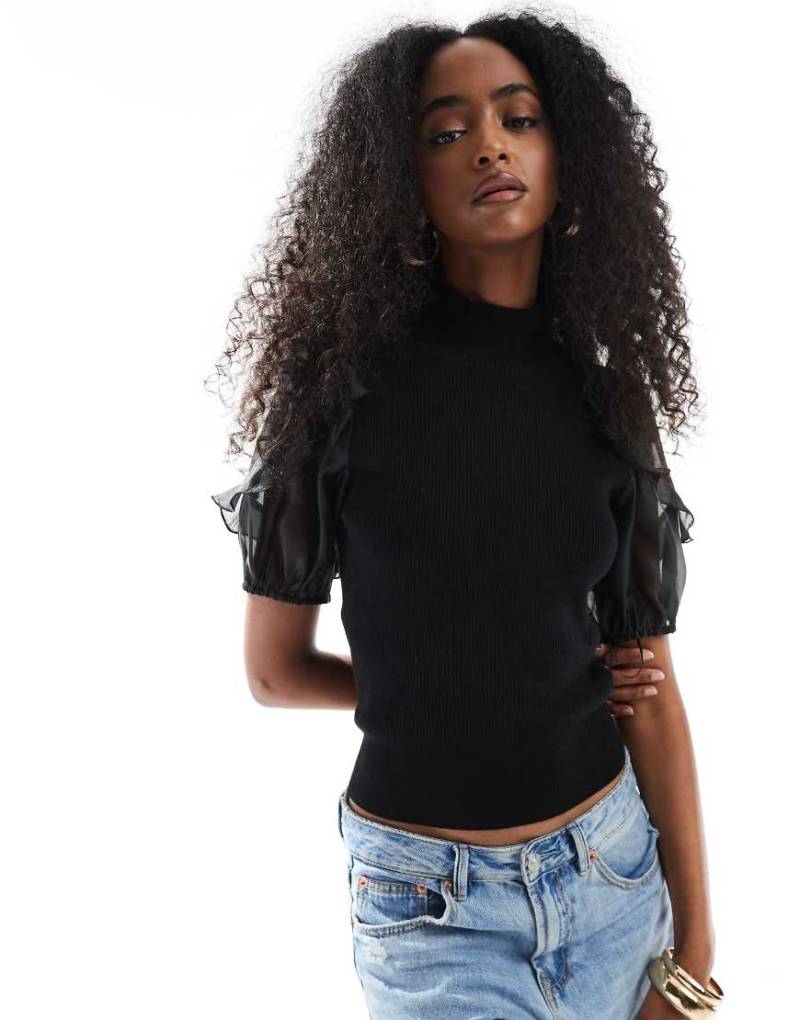 French Connection - Kristine - Strick-Oberteil in Schwarz mit Organza-Ärmeln von French Connection