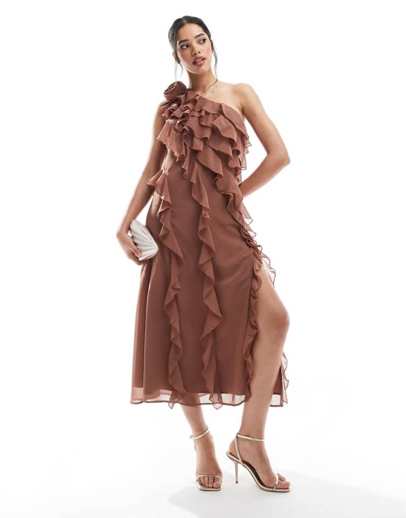 French Connection - Oskar - Midaxi-Kleid in Mokka mit Rüschenbesatz und One-Shoulder-Träger-Braun von French Connection