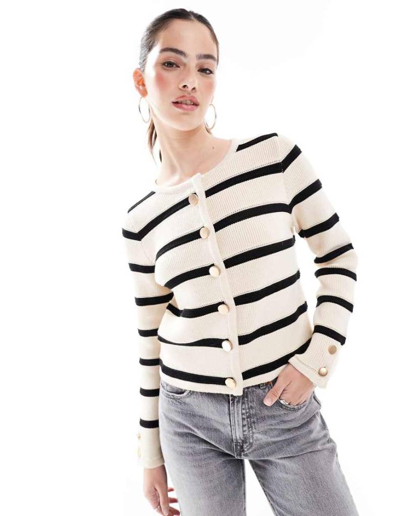 French Connection - Schwere, gestreifte Strickjacke in Cremeweiß und Schwarz mit Knopfleiste-Bunt von French Connection