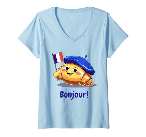 Damen Frankreich Kinder Souvenir Croissant Französischer Spruch Zitat Bonjour T-Shirt mit V-Ausschnitt Damen Frankreich Kinder Souvenir Croissant Französischer Spruch Zitat Bonjour T-Shirt mit V-Ausschnitt von French Flag Bastille Day Toddlers Teens Boys Girls