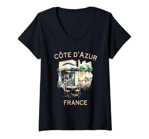 Damen Côte d'Azur French Art Café Reise Mittelmeer Frankreich T-Shirt mit V-Ausschnitt Damen Côte d'Azur French Art Café Reise Mittelmeer Frankreich T-Shirt mit V-Ausschnitt von French Heritage Gifts for Côte d’Azur Lovers
