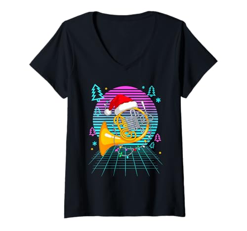 Damen Weihnachten Synthwave Waldhorn Hornist T-Shirt mit V-Ausschnitt Damen Weihnachten Synthwave Waldhorn Hornist T-Shirt mit V-Ausschnitt von French Horn Gift For A Hornist