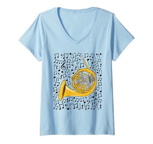 Damen Musiknoten für Waldhorn, Blechbläser T-Shirt mit V-Ausschnitt Damen Musiknoten für Waldhorn, Blechbläser T-Shirt mit V-Ausschnitt von French Horn Teacher Music Notation By DoodleRob