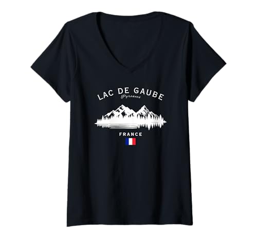 Damen Lac de Gaube Pyrenäen Frankreich Mountain Resort Französische Flagge T-Shirt mit V-Ausschnitt von French Lakes Souvenir Shop