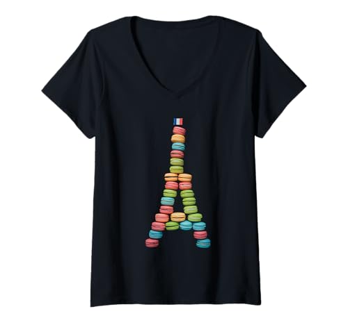 Damen Dessert Macaron Eiffelturm T-Shirt mit V-Ausschnitt Damen Dessert Macaron Eiffelturm T-Shirt mit V-Ausschnitt von French Macaron Macarons Love