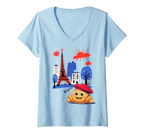 Damen Kinder Paris Frankreich Croissant mit Baskenmütze Hello in französischen Jungen T-Shirt mit V-Ausschnitt von French Pastry Toddlers Children's Souvenirs France