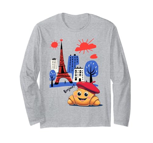 Kinder Paris Frankreich Croissant mit Baskenmütze Hello in französischen Jungen Langarmshirt von French Pastry Toddlers Children's Souvenirs France