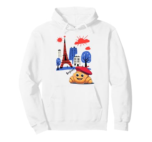 Kinder Paris Frankreich Croissant mit Baskenmütze Hello in französischen Jungen Pullover Hoodie von French Pastry Toddlers Children's Souvenirs France
