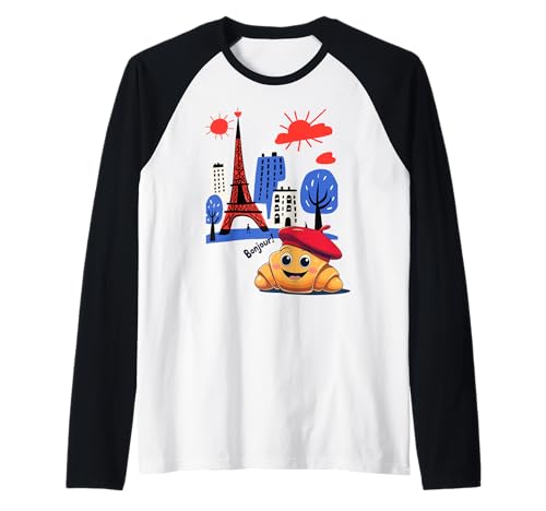 Kinder Paris Frankreich Croissant mit Baskenmütze Hello in französischen Jungen Raglan von French Pastry Toddlers Children's Souvenirs France