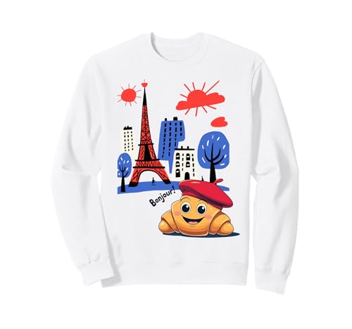 Kinder Paris Frankreich Croissant mit Baskenmütze Hello in französischen Jungen Sweatshirt von French Pastry Toddlers Children's Souvenirs France